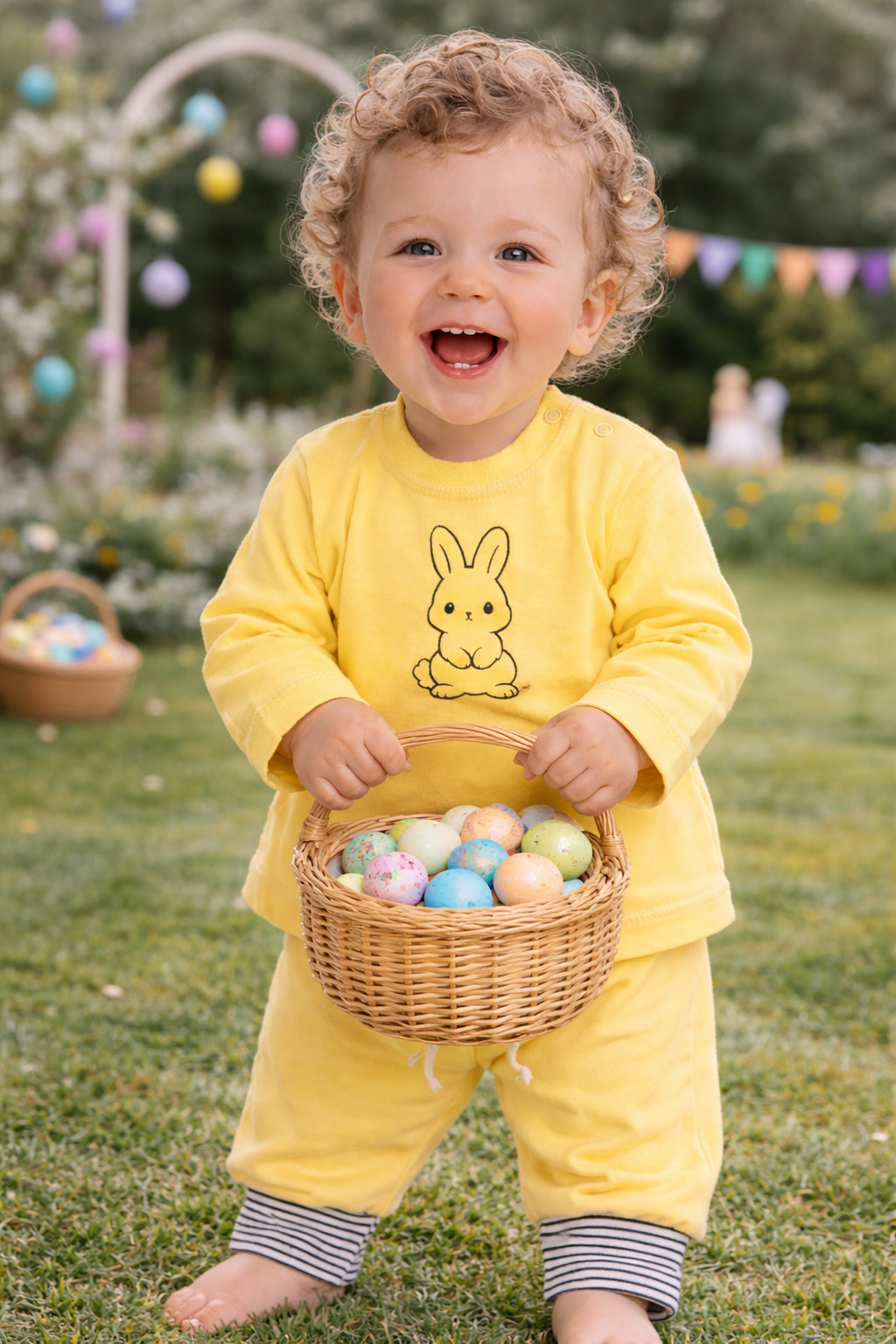Baby Anzug Langarmshirt und Mitwachshose in Gelb mit Hasen