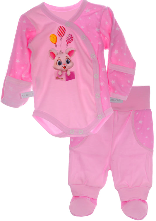 Body und Hose Baby Anzug Wickelbody in Rosa mit Hasen