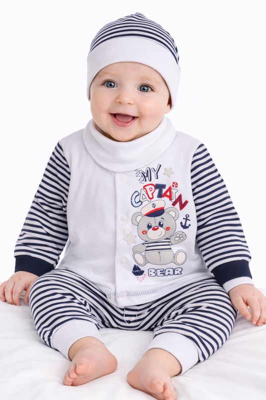 Baby Anzug 4-teilig Hemdchen Hose Mütze Dreieckstuch mit Bärchen