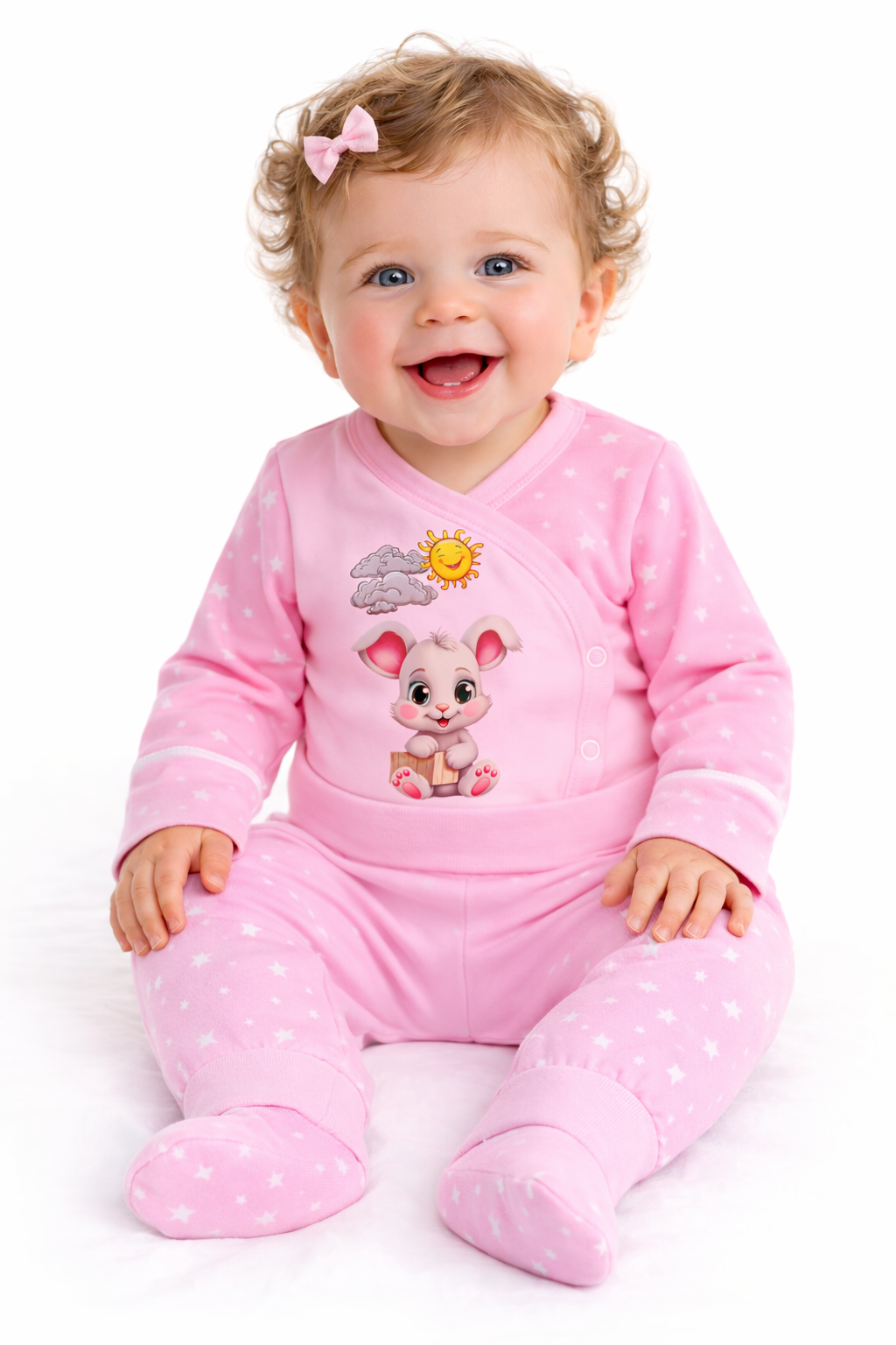 Body und Hose Baby Anzug Wickelbody in Rosa mit Häschen und Sonne