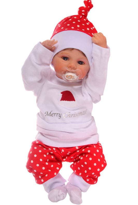Baby Anzug für Weihnachten Langarmshirt Hose Mütze Socken in weiß rot
