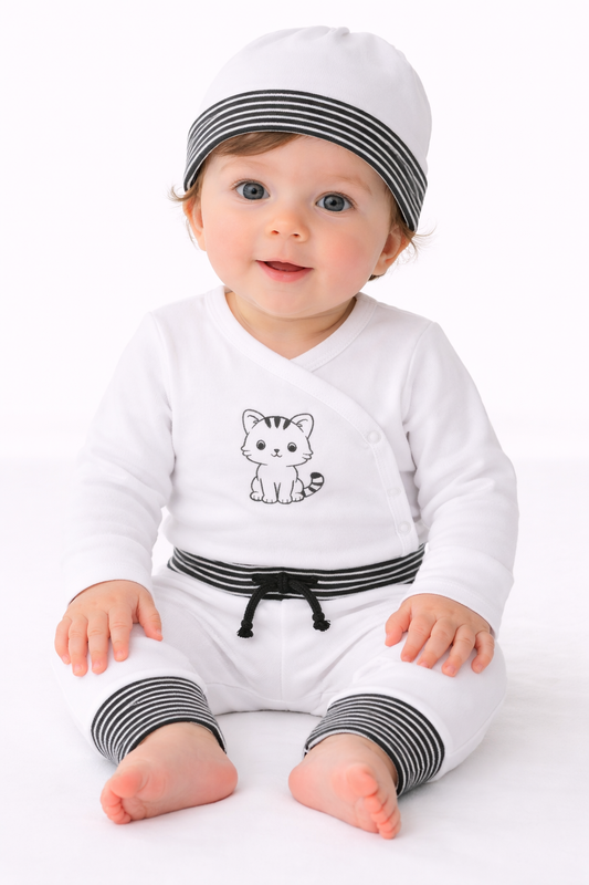 Baby Anzug 3-teilig Wickelbody Mitwachshose Mütze Set in weiß