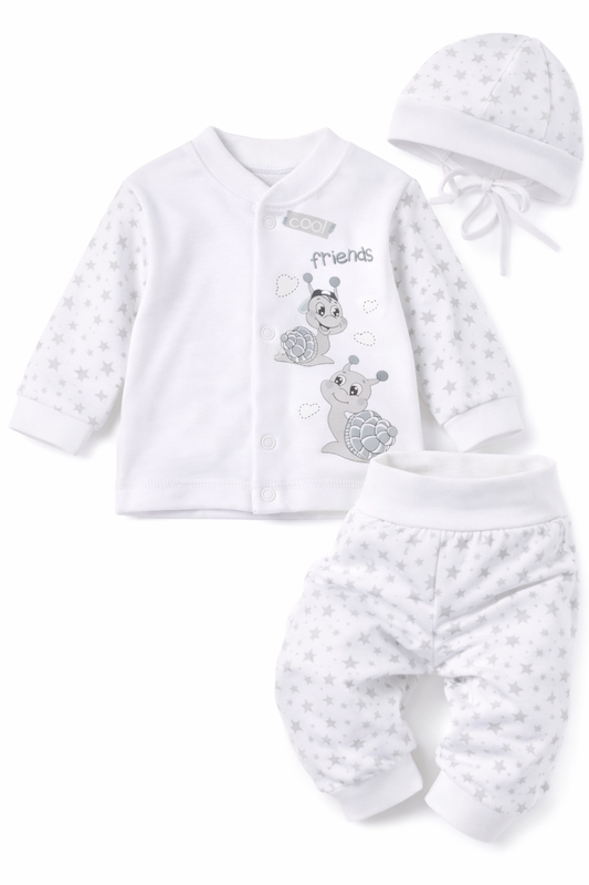 Erstlingsset für Neugeborene Hemdchen Hose Mütze in Weiß mit Schnecken