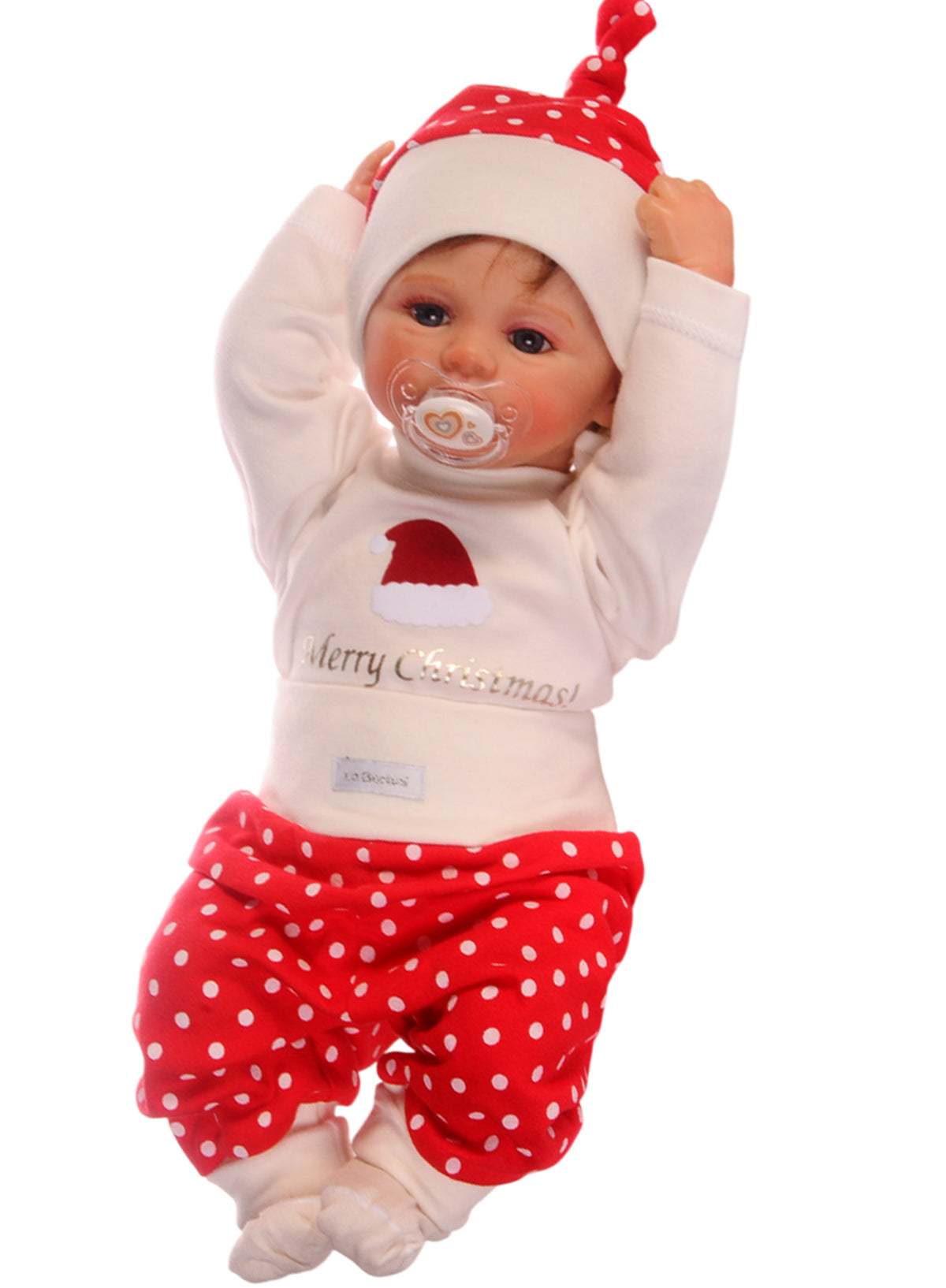 Baby Anzug für Weihnachten Langarmshirt Hose Mütze Socken in Creme Rot