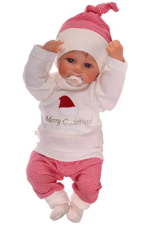 Baby Anzug für Weihnachten Langarmshirt Hose Mütze Socken in Rot gestreift