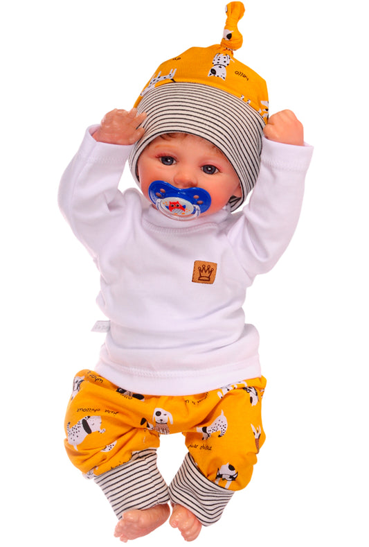 Baby Anzug Langarmshirt Hose Mütze Erstlingsset weiß gelb