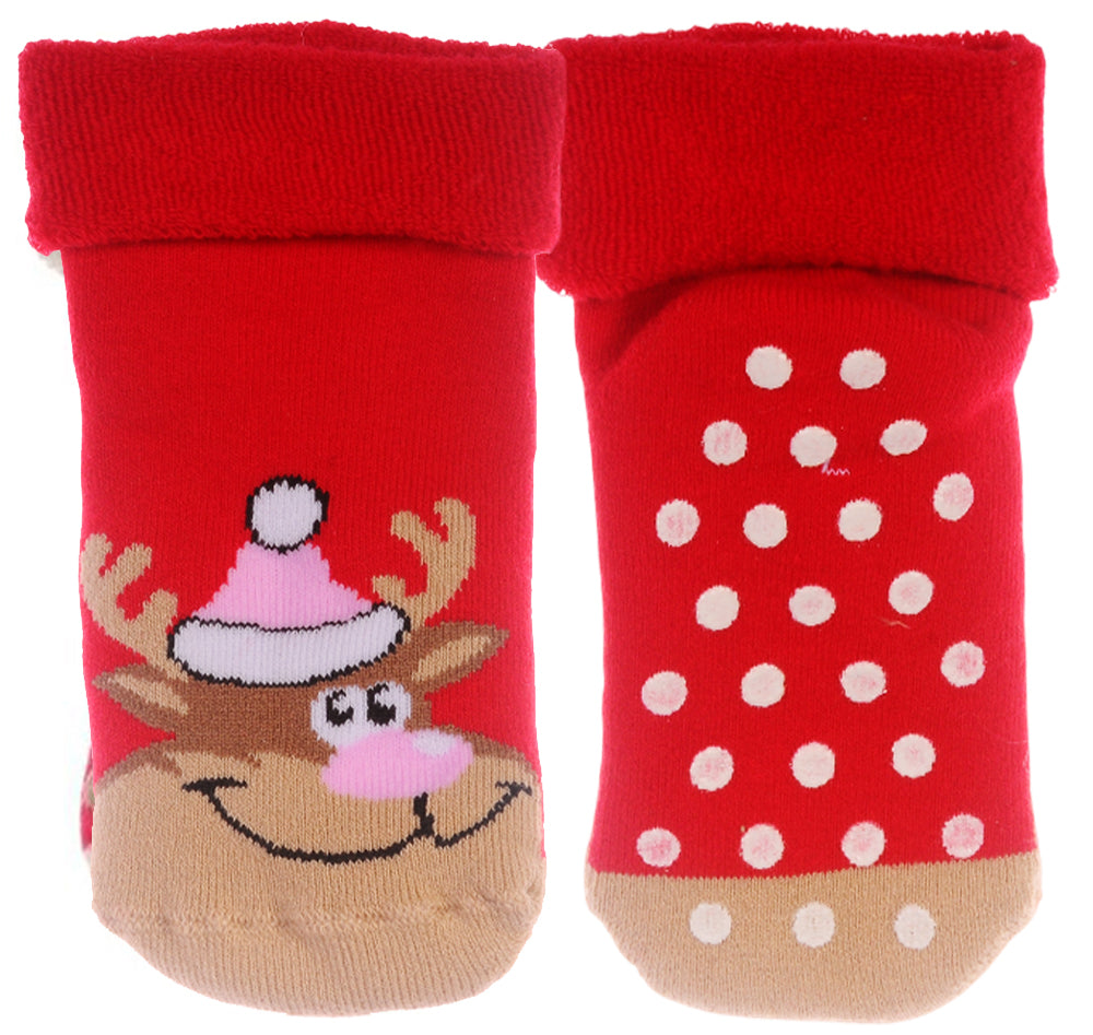 Thermosocken Socken Weihnachten warme Weihnachtssocken Antirutschsocken mit ABS Sohle genoppt in Rot mit Rentier Motiv