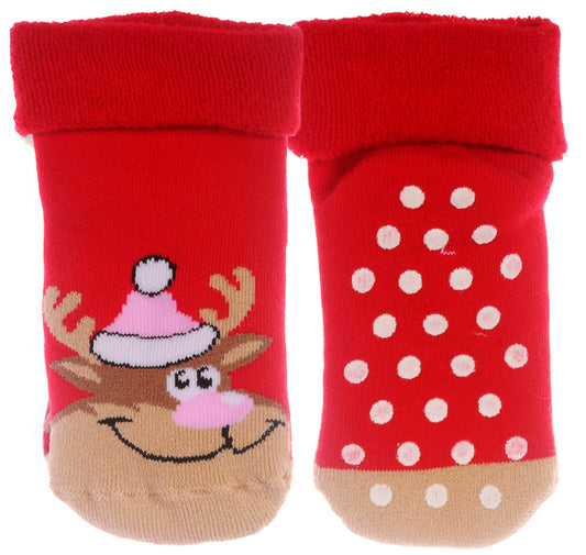 Thermosocken Socken Weihnachten warme Weihnachtssocken Antirutschsocken mit ABS Sohle genoppt in Rot mit Rentier Motiv