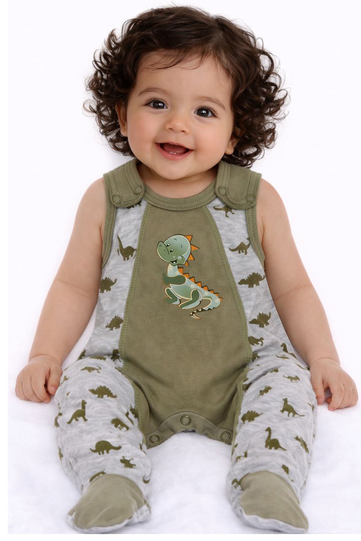 Wickelbody und Strampler Baby Set 2Tlg in Khaki mit Dinos Muster