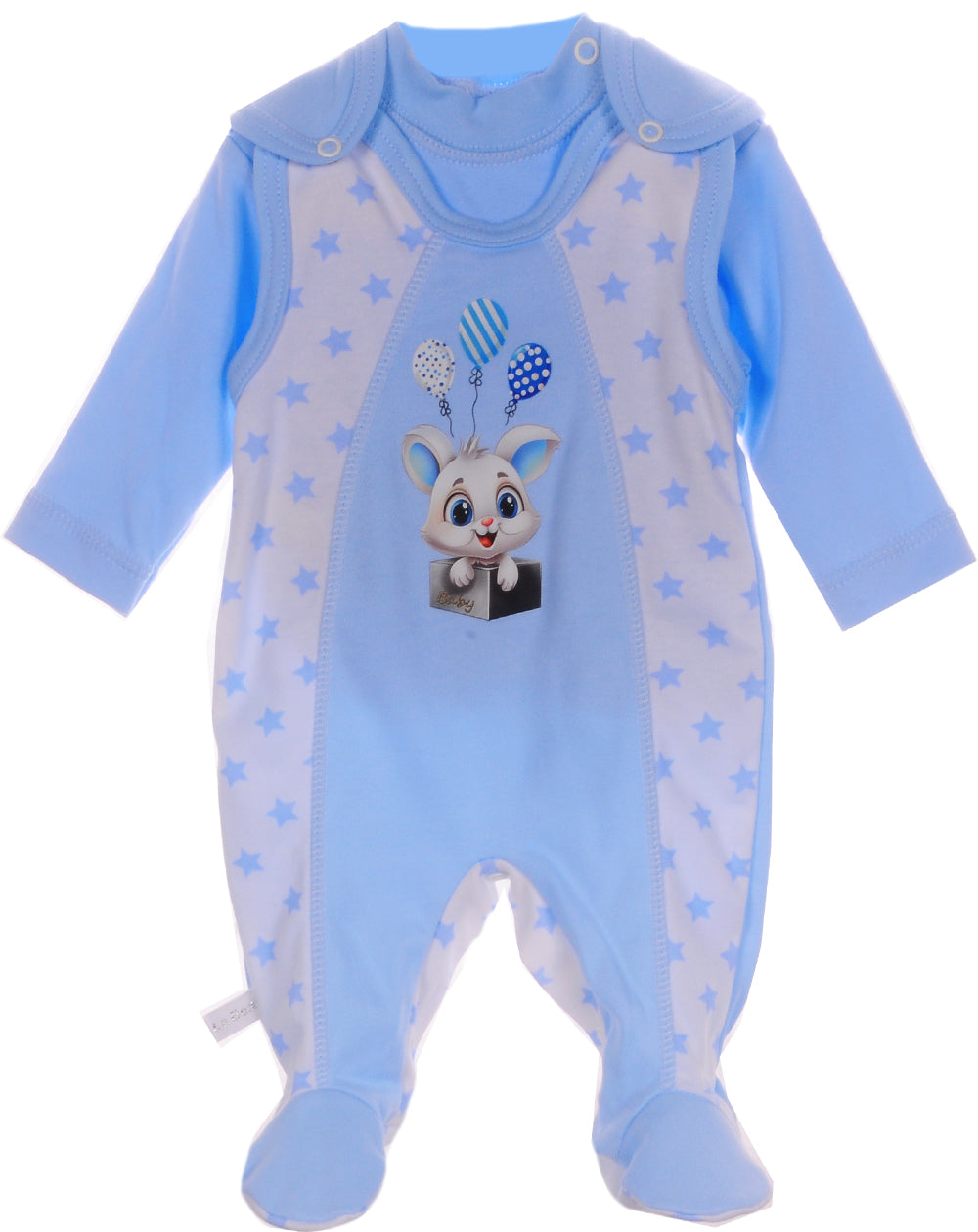 Strampler und Langarmshirt Baby Anzug in Blau weiß mit Häschen und Ballons