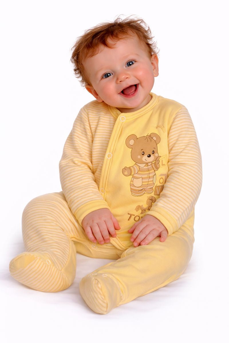Baby Strampler Schlafanzug in Gelb mit Bärchen Aufdruck