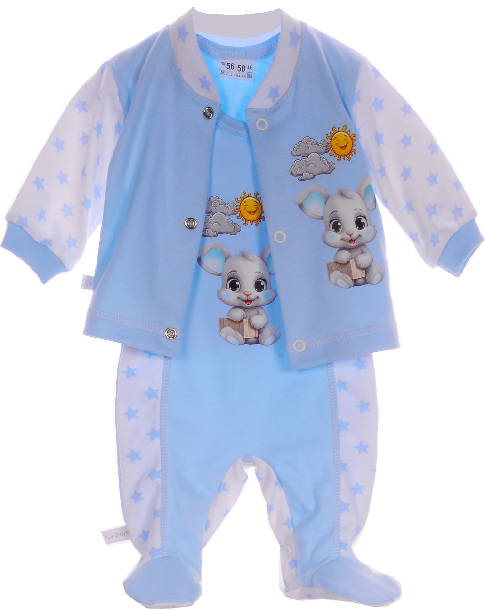 Strampler Mütze und Hemdchen Baby Anzug in Blau mit Sternchen und Hasen