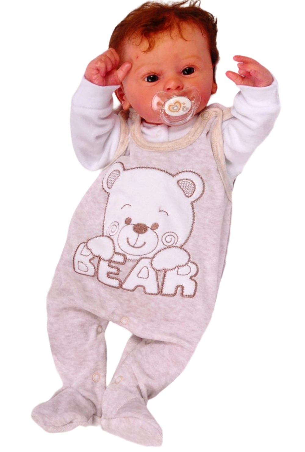 Strampler und Shirt Baby Anzug in Beige weiß aus Velours mit Bärchen