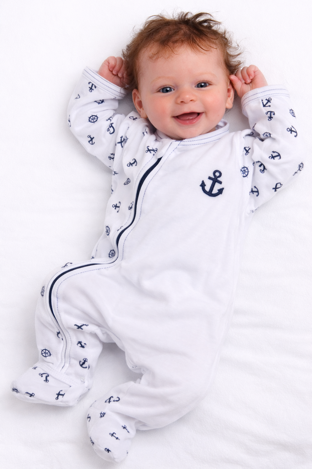 Baby Strampler Einteiler mit Kratzschutz in Weiß mit Ankermuster