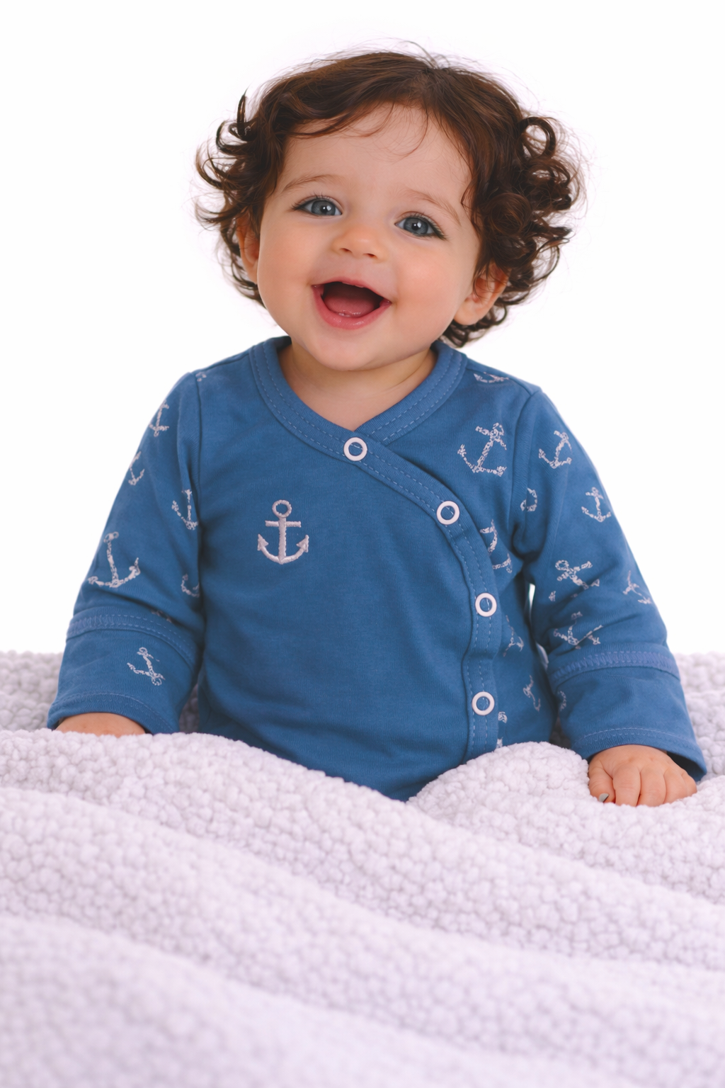 Baby Body Wickelbody mit Kratzschutz in Blau mit Anker Langarmbody