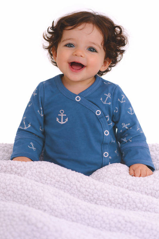 Baby Body Wickelbody mit Kratzschutz in Blau mit Anker Langarmbody