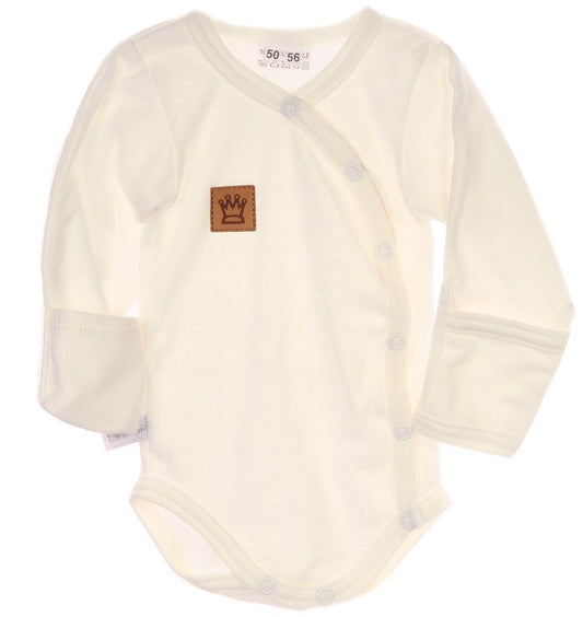 Baby Body in Creme mit Krone Wickelbody mit Kratzschutz Langarmbody