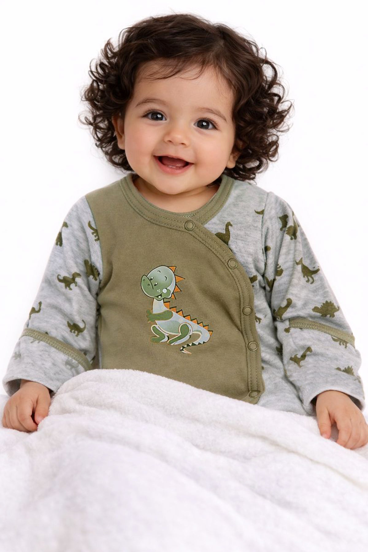 Wickelbody und Strampler Baby Set 2Tlg in Khaki mit Dinos Muster