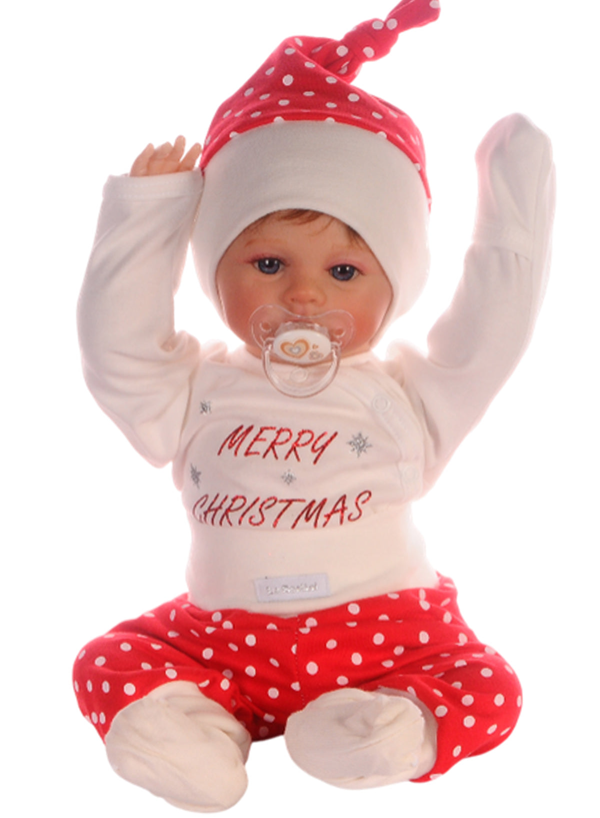 Baby Anzug für Weihnachten Wickelbody Hose Mütze Socken Set in Rot creme