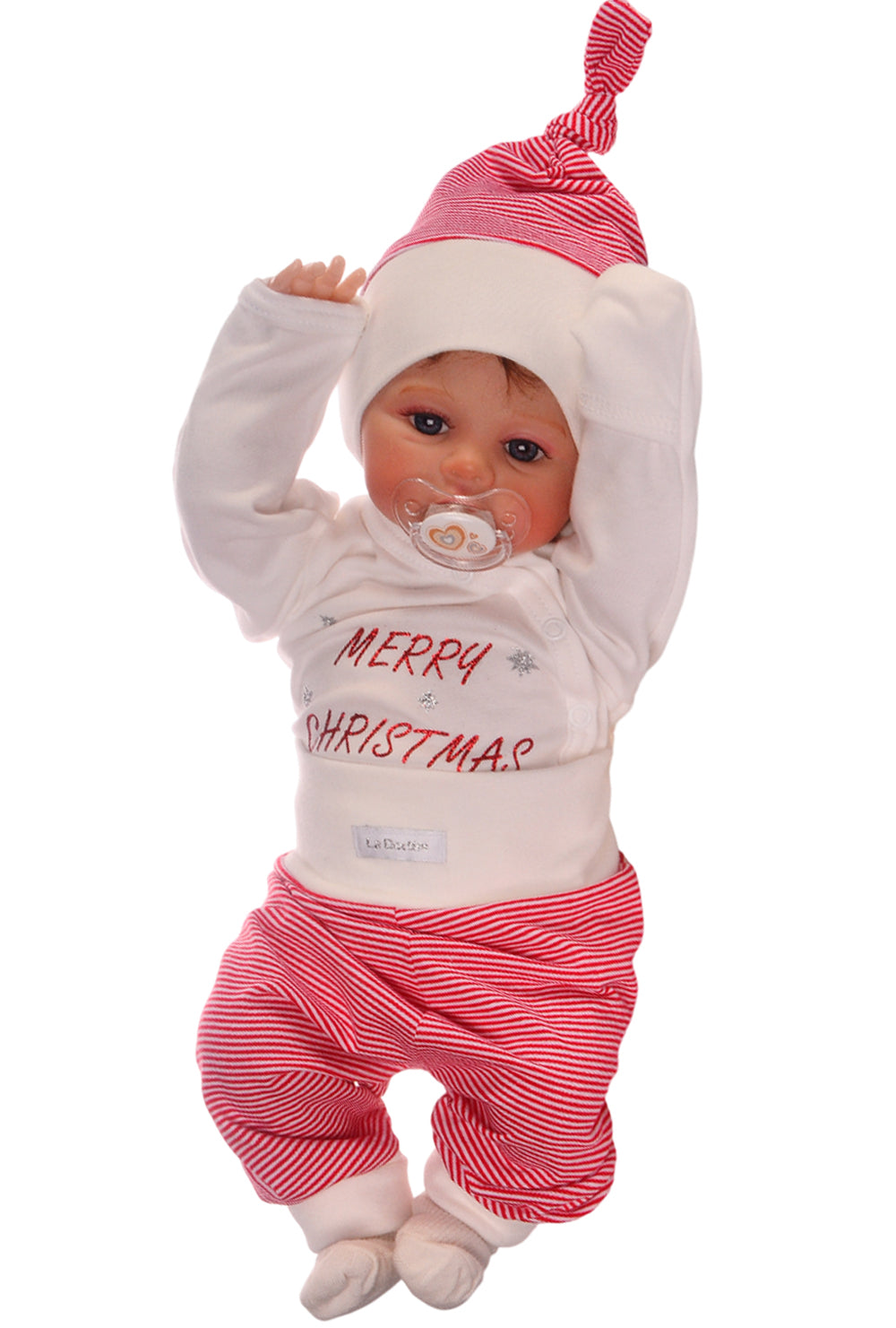 Baby Anzug für Weihnachten Wickelbody Hose Mütze Socken Set in Rot gestreift