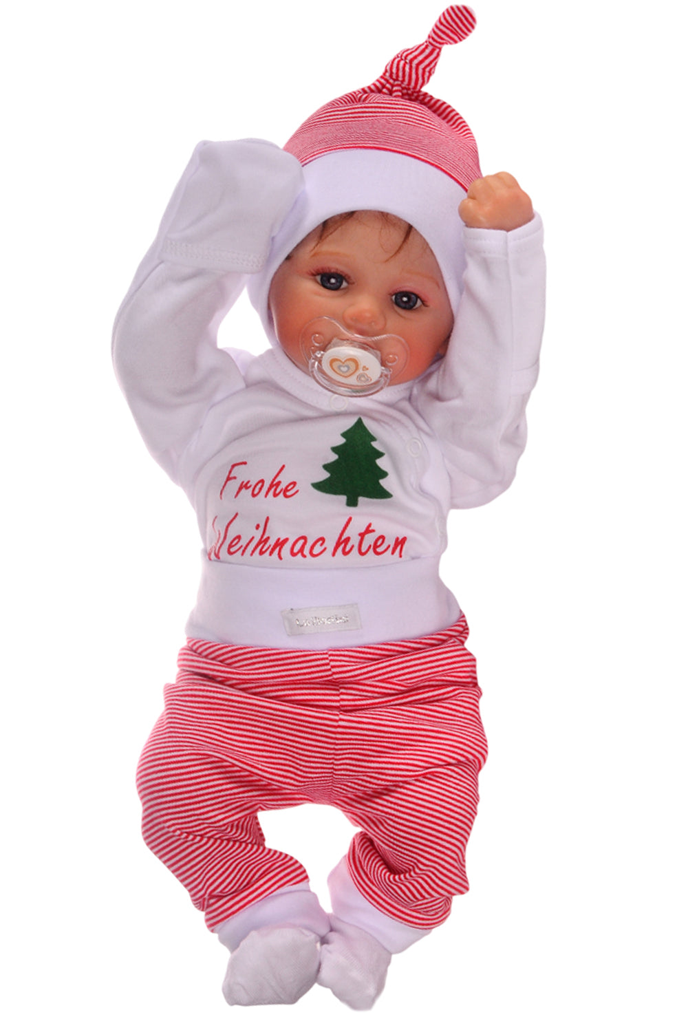 Baby Anzug für Weihnachten Wickelbody Hose Mütze Socken Set in Rot gestreift