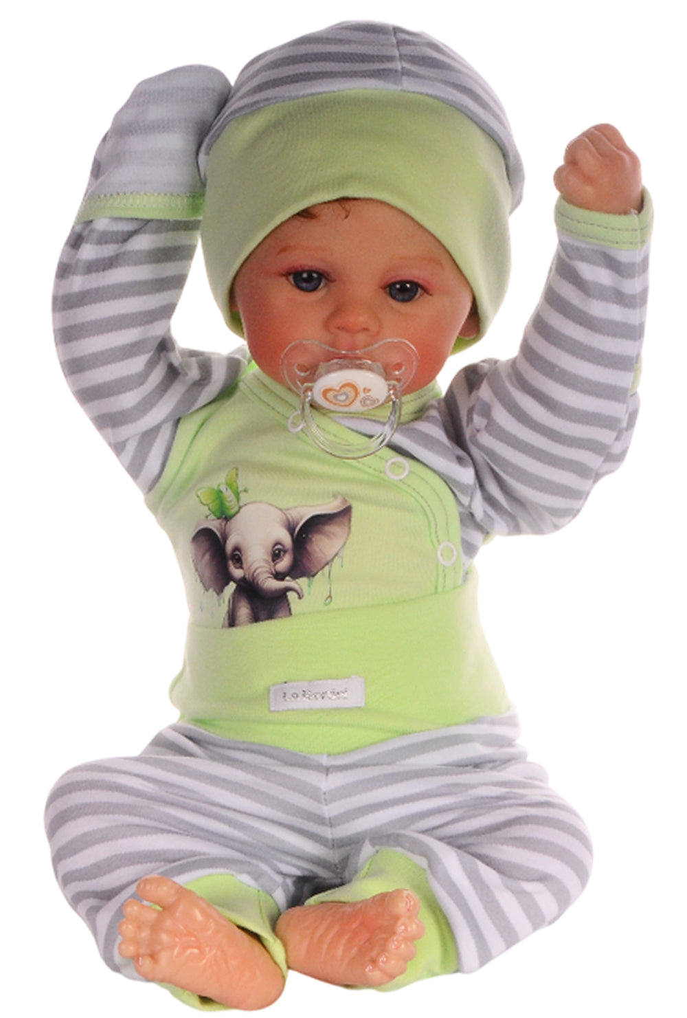 Baby Anzug Wickelbody Hose Mütze in Grün mit Elefanten Aufdruck
