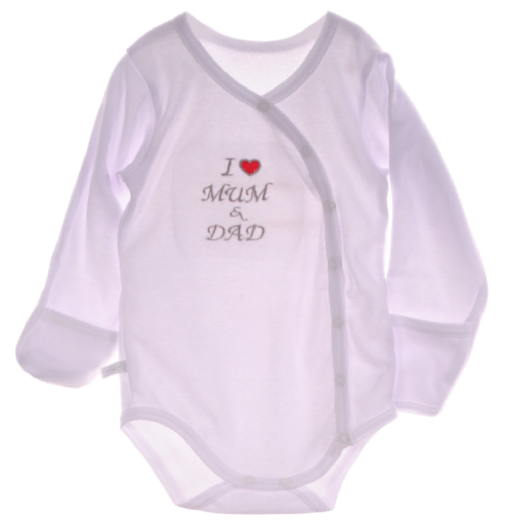 Wickelbody Baby Body langarm in Weiß mit Papa Mama Stickerei