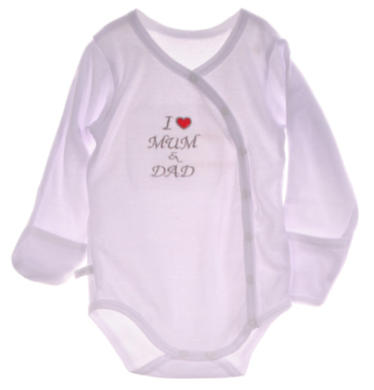 Wickelbody Baby Body langarm in Weiß mit Papa Mama Stickerei