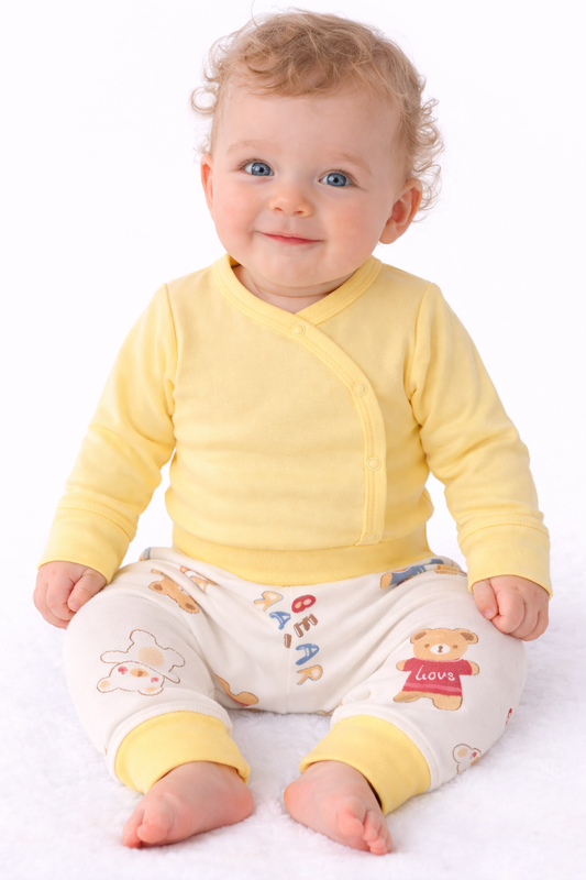 Body und Hose Baby Anzug Wickelbody in Gelb mit Bärchen